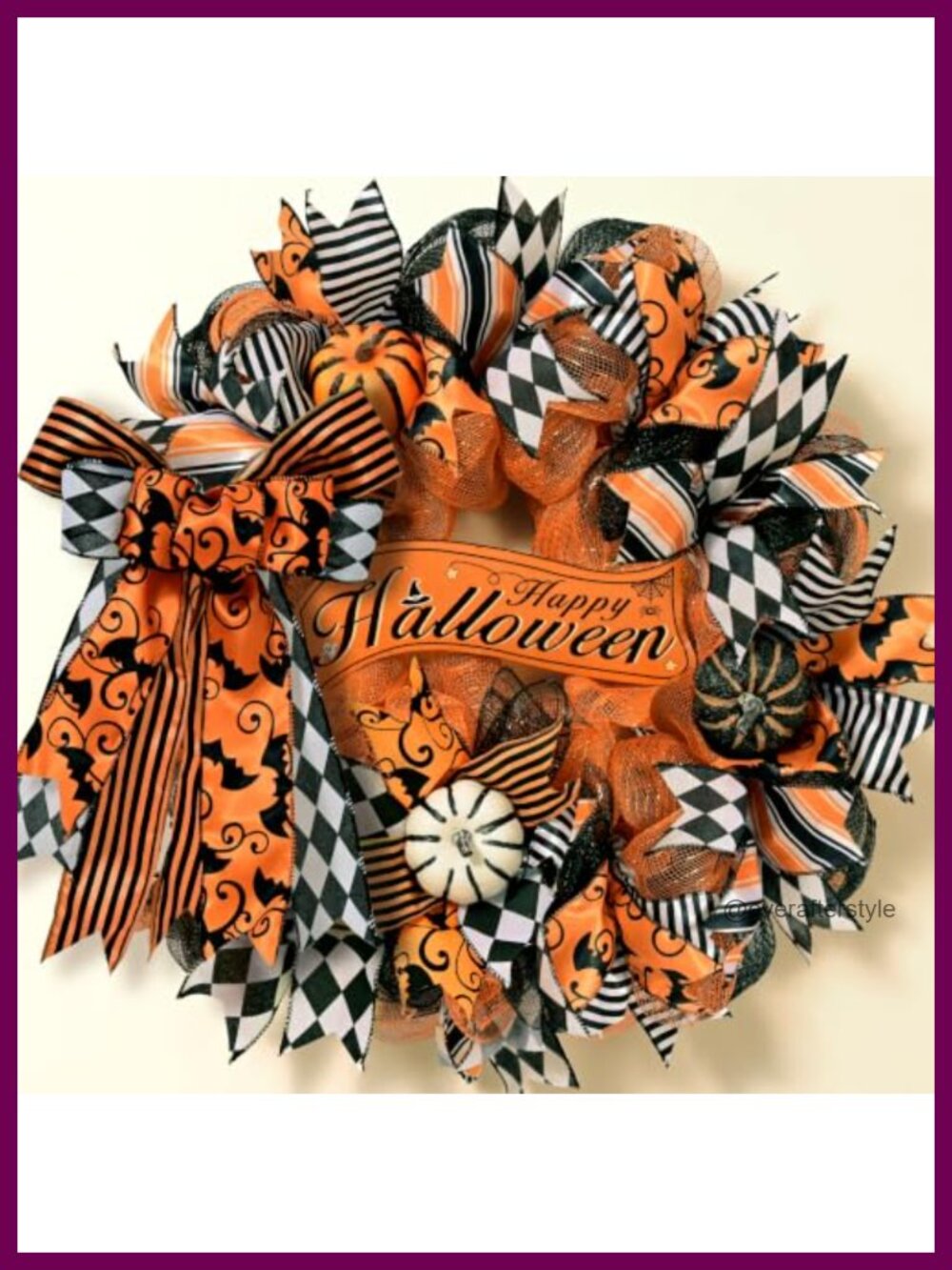 Halloween Wreath 20 Inch Faux Silk Door Decor with Ribbon Bow